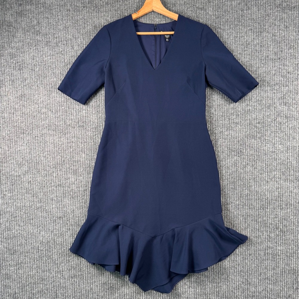 Maggy London Dress 10‎ Navy Blue Minimalist V-Neck Ruffle Hem Sheath Modern Chic